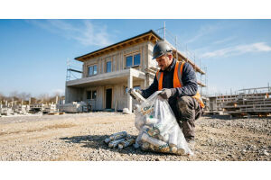 A man at a construction site is filling a CircuPUR collection bag with empty PU foam cans