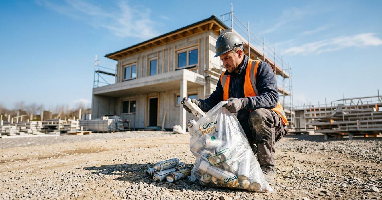 A man at a construction site is filling a CircuPUR collection bag with empty PU foam cans
